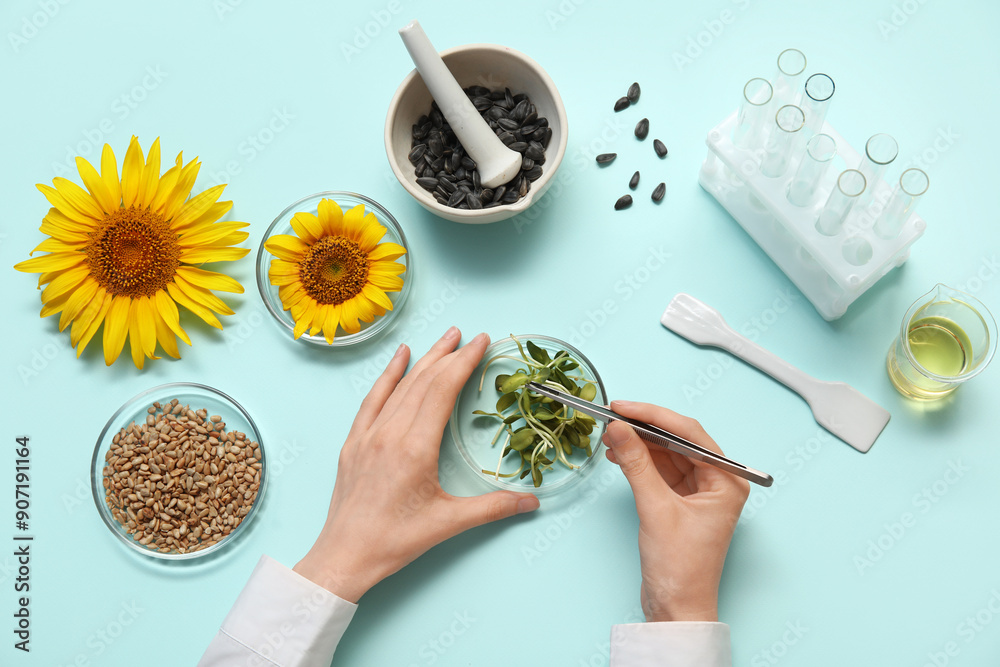 Scientist with professional laboratory tools studying sunflowers sprouts and seeds on blue background