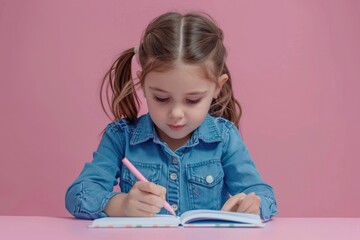 Wall Mural - A young child sits at a table with an open book, scribbling away with a pencil