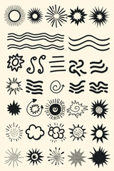 Poster - hand-drawn comic elements and explosions. Doodle brush ornament lines and surprise symbols. The sunlight explodes, the frame is shocked, the starburst element shines. Vector groups 