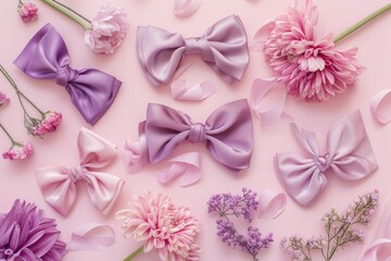 Poster - A collection of purple and pink bows on a bright pink background, ideal for use in creative projects or as a decorative element