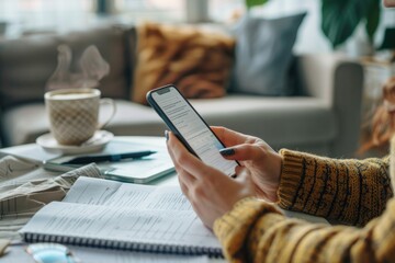 Aufkleber - A woman sits at a table using her cell phone