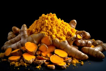 Wall Mural - Turmeric powder and fresh turmeric roots on wooden table