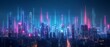 © alisya - Futuristic cityscape at night with glowing neon lights and digital beams.