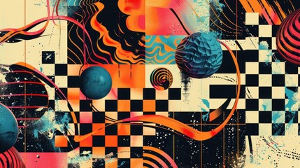 Poster - A portrait of a woman's face with a distinctive checkered design in the background