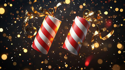 3D illustration of two striped red and white lit firecrackers with golden ribbons flying in the air