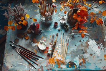 Poster - A table covered with paint and brushes