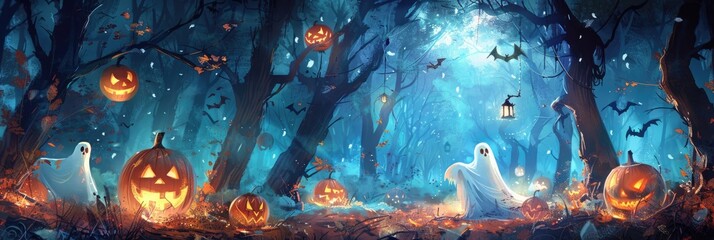 Canvas Print - Spooky Halloween Pumpkins and Ghosts Among the Trees