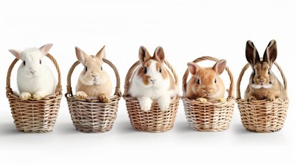 Wall Mural - Five rabbits are sitting in baskets, with one rabbit in the middle of the group