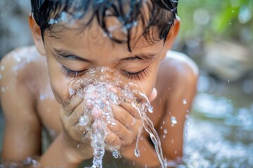 Poster - A young boy having fun playing in the water