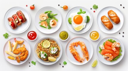 Wall Mural - A variety of food items are displayed on white plates, including shrimp, eggs