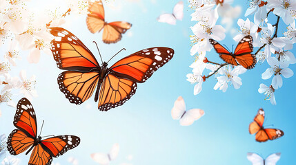 Wall Mural - Spring background with butterflies flying and cherry blossoms blooming on light blue sky,