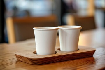 A simple setting with two white cups and a wooden tray on a table