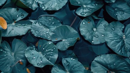 Poster - Fresh green leaves with water droplets glisten in the light, perfect for nature and science themed projects
