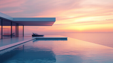 modern architecture, house with infinity pool and sea view at sunset