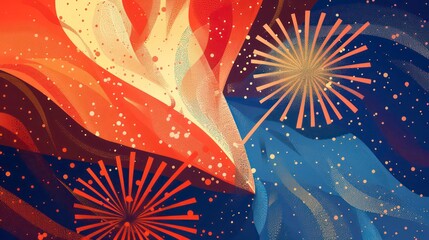 An abstract digital illustration with golden fireworks, dots, and wavy shapes on a dark blue background.