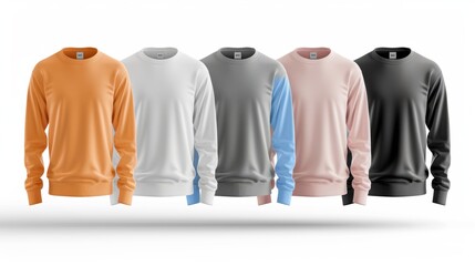 A row of five different colored sweatshirts