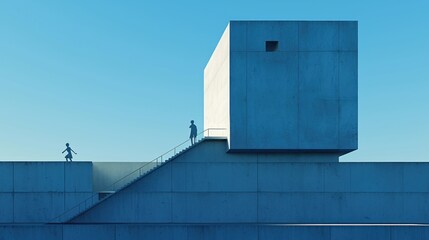 Minimalist scene of two people climbing concrete stairs into an open space, on a blue background. The composition emphasizes clean lines and simplicity in a minimalist architectural design.