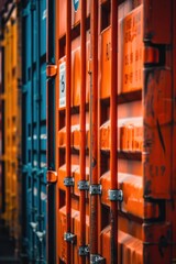 Aufkleber - A row of orange and blue shipping containers stacked together