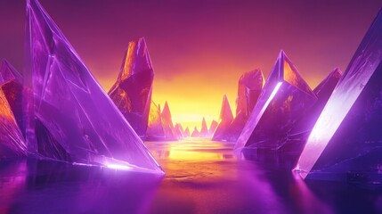 Wall Mural - digital landscape with geometric shapes and neon lights creating a sense of depth and motion in purp