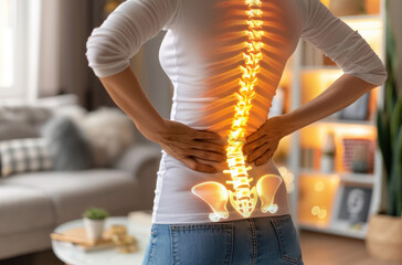 Wall Mural - Woman with back pain, glowing spine on white t-shirt at home in the living room, closeup view of woman holding her lower back to give treatment for vertebral osteomorosis concept