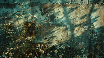 Poster - A vibrant display of wildflowers grows in front of a stone or concrete wall