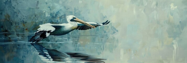 Poster - Pelican gracefully gliding across the tranquil lake