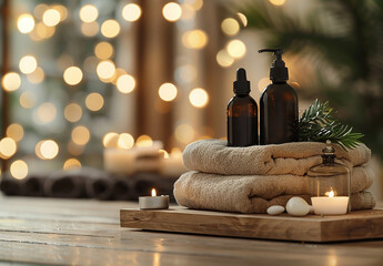 Beautiful composition with different spa products on table against blurred lights, closeup