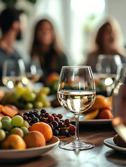 The background is a family gathering, and the foreground table is covered with wine and fruit