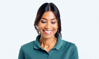 Wall Mural - Medium shot portrait video of a Peruvian woman in her 40s wearing a sporty polo shirt against a white background