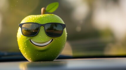 Wall Mural - Green Apple character. Selective focus background and copy space