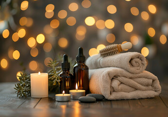 Wall Mural - Beautiful composition with different spa products on table against blurred lights, closeup