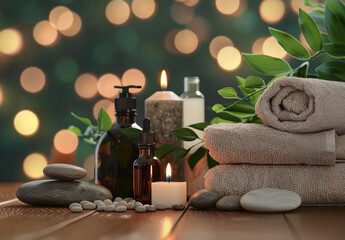 Wall Mural - Beautiful composition with different spa products on table against blurred lights, closeup