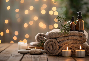 Wall Mural - Beautiful composition with different spa products on table against blurred lights, closeup