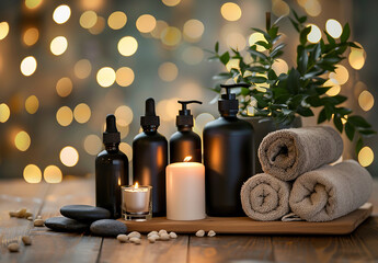 Wall Mural - Beautiful composition with different spa products on table against blurred lights, closeup