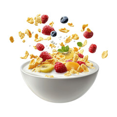 Wall Mural - Bowl Of Cereal With Floating Milk And Fruits On Transparent Png Background For Imaginative Breakfast Advertisements . Generative ai