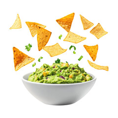 Poster - Bowl Of Guacamole With Floating Tortilla Chips On Transparent Png Background For Fresh Snack Advertisements . Generative ai