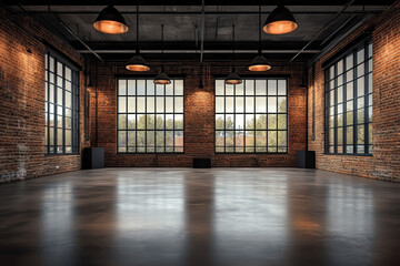 Industrial loft style empty old warehouse interior,brick wall,concrete floor and black steel roof structure