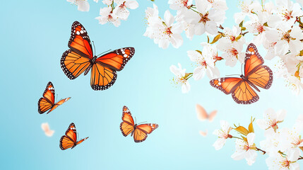 Wall Mural - Spring background with butterflies flying and cherry blossoms blooming on light blue sky,