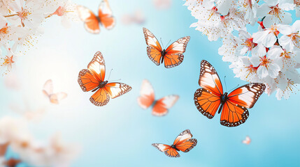 Wall Mural - Spring background with butterflies flying and cherry blossoms blooming on light blue sky,