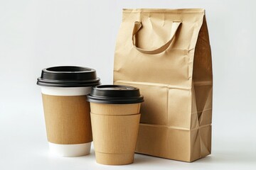 Poster - Two coffee cups and a brown paper bag on a table