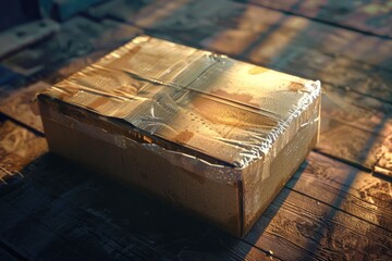 Aufkleber - A simple cardboard box resting on a wooden floor, perfect for storage or display