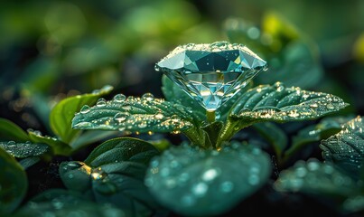 A diamond rests on top of a growing green seedling, symbolizing the precious start-up concept of financial and investment growth flourishing.