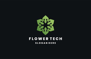 Wall Mural - green flower technology logo  leaf with electronic icon