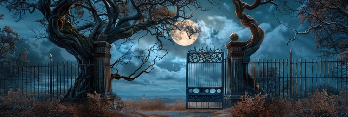 Wall Mural - Entrance gate of a rural estate framed by a twisted tree with the full moon rising in the background