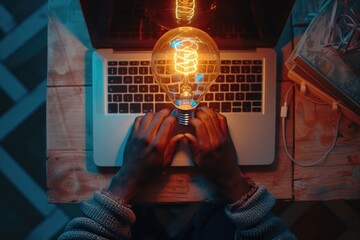 Poster - A person working on a laptop with a creative lighting setup, featuring a light bulb above their head