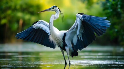 Great white and black heron or stork bird standing in river lake pond swamp water. Fauna nature wildlife animal with beak and spread wings, large avian outdoor 