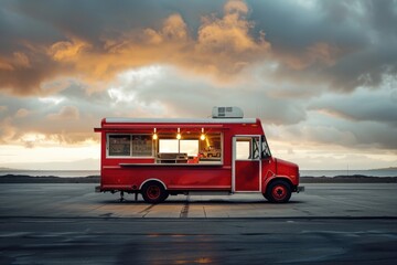 Poster - A bright red food truck parked on the airport tarmac, surrounded by planes and luggage carts