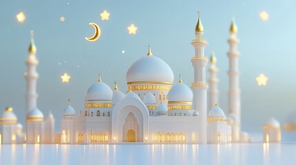  3d illustration of a mosque with golden moon and stars ornament