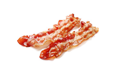 Wall Mural - Slices of tasty fried bacon isolated on white