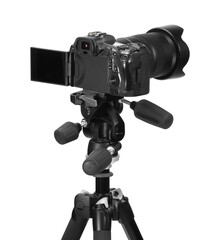 Sticker - Modern camera with tripod isolated on white. Photographer's equipment